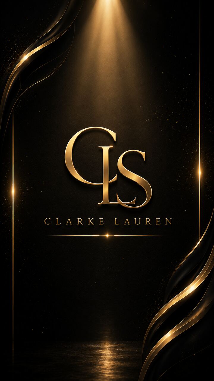 Black and gold backdrop with large gold CLS monogram lettering, spotlight and flowing gold accents