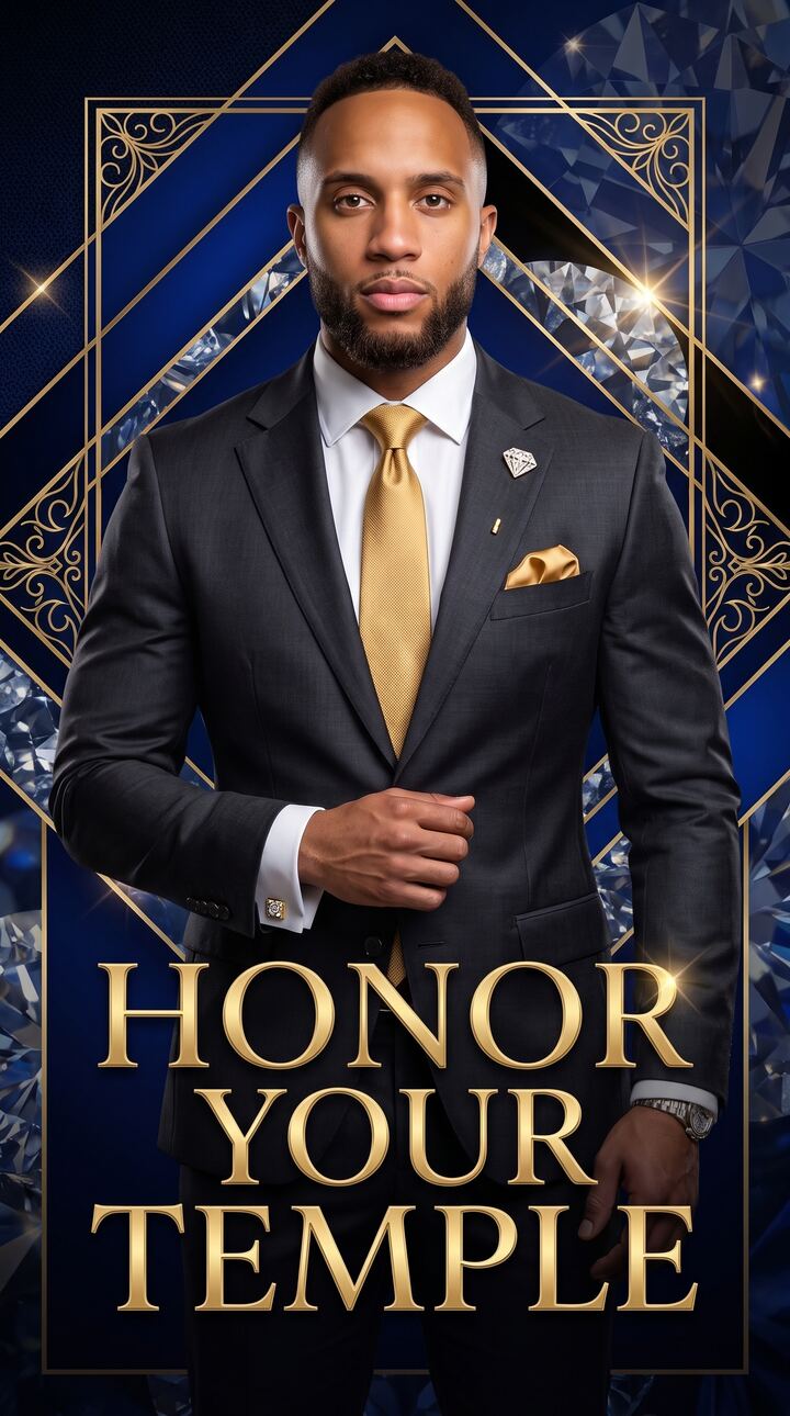 Man in navy suit inside a navy and gold branded visual