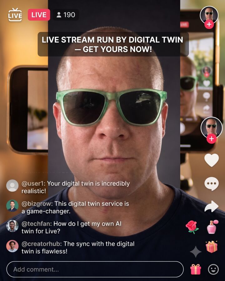 Live stream mockup of a digital twin host wearing green sunglasses, with viewer comments and reactions