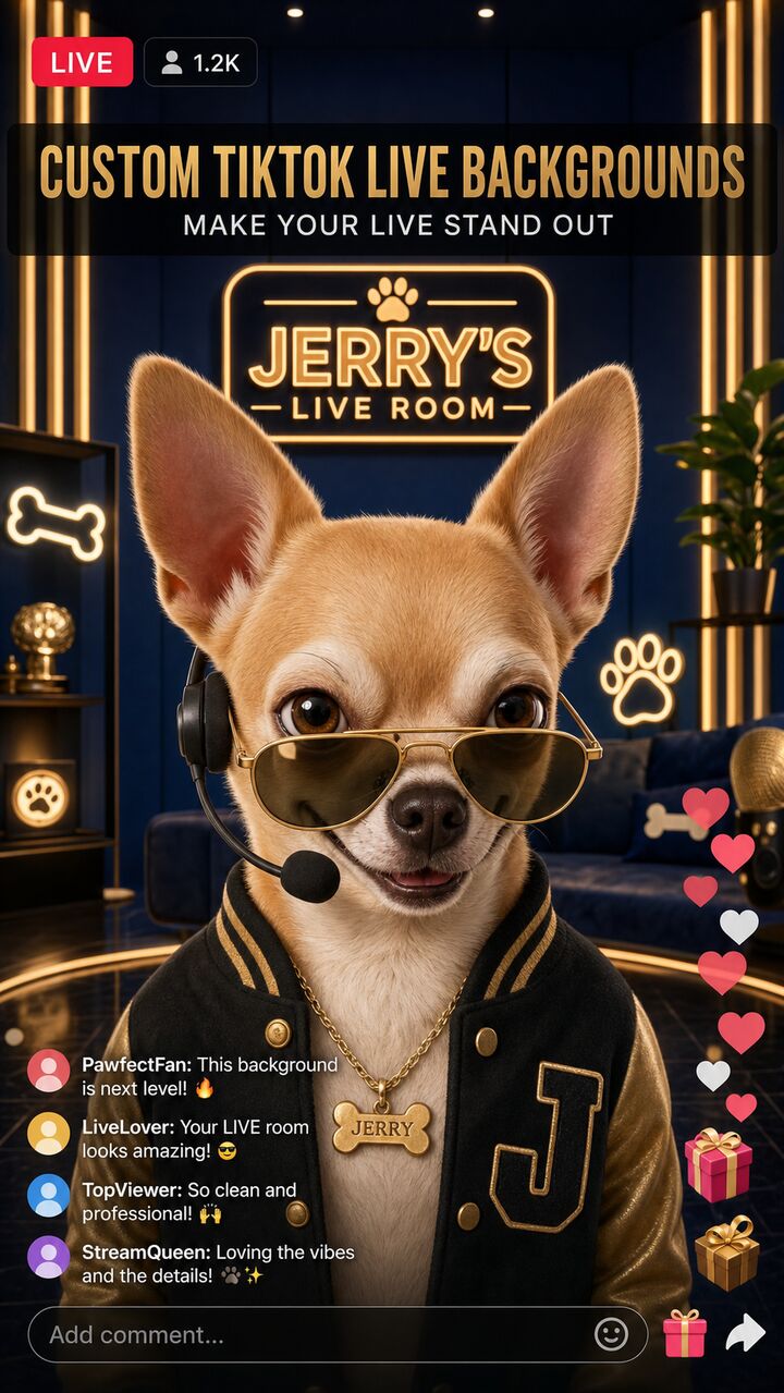 Jerry the Chihuahua mascot in sunglasses and headset hosting a TikTok LIVE in a custom gold and navy room