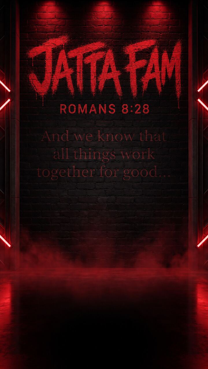 Dark room with spray-painted red graffiti name, scripture reference, red edge lighting and floor fog