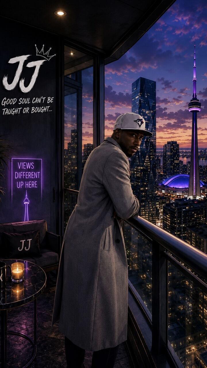 Creator in a custom penthouse live room overlooking a night skyline