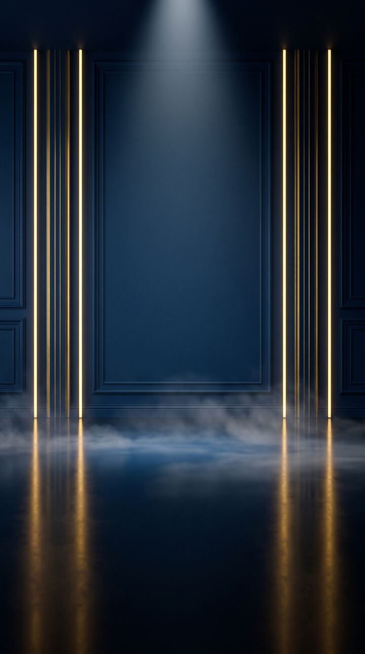 Empty midnight blue live room with gold light strips, spotlight, and low fog on a glossy floor