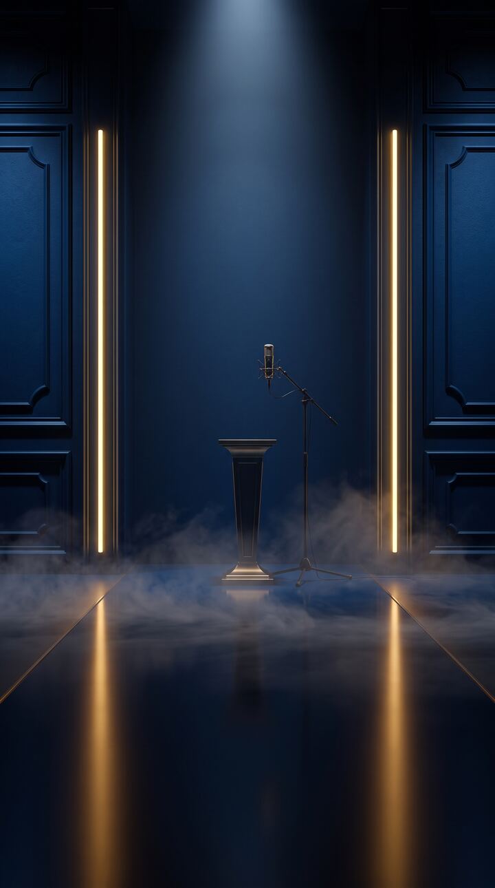 Midnight blue room with center podium, microphone stand, gold pillar lights and floor fog