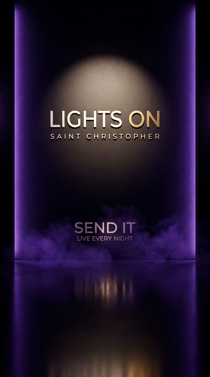 Purple neon live room with glowing pillars and low smoke
