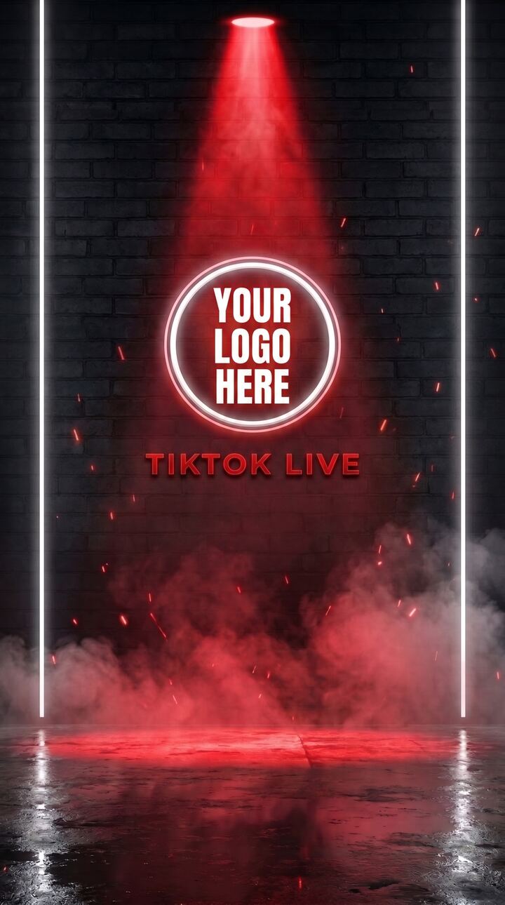 Red spotlight room on black brick with glowing logo circle placeholder and floor sparks