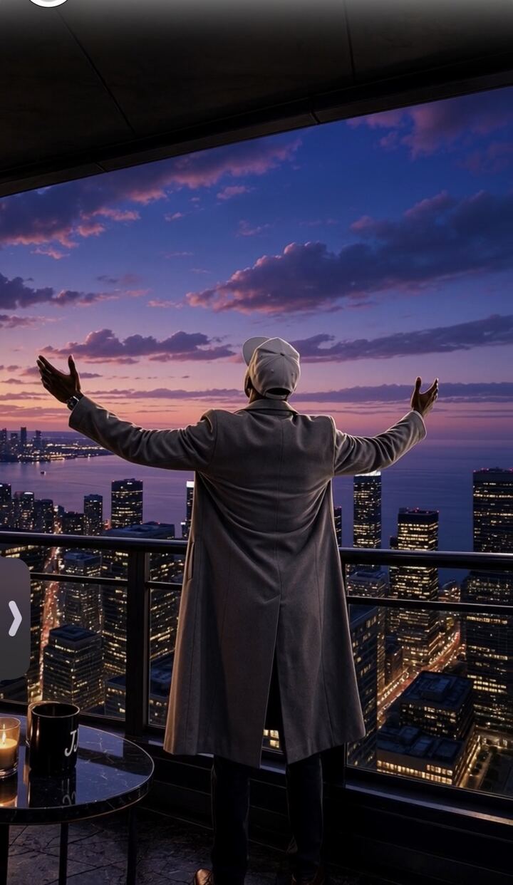 Figure with arms raised on a rooftop above a glowing city at dusk